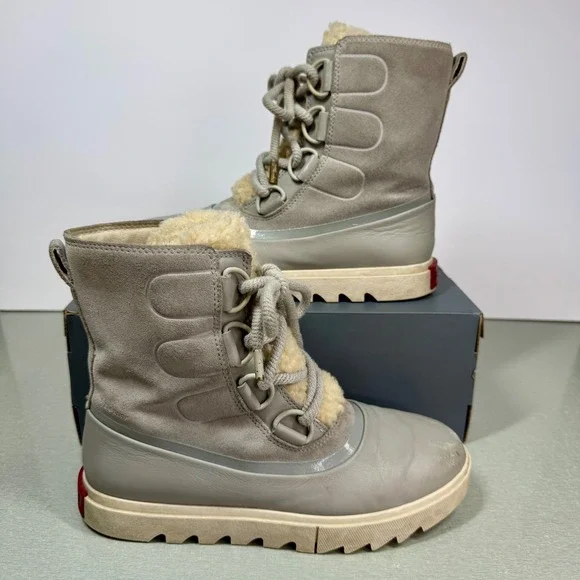 Sorel Waterproof Winter Boots Faux Fur Trim Lace Up Gray NL3926-081 Women's Sz 8 - Picture 1 of 11